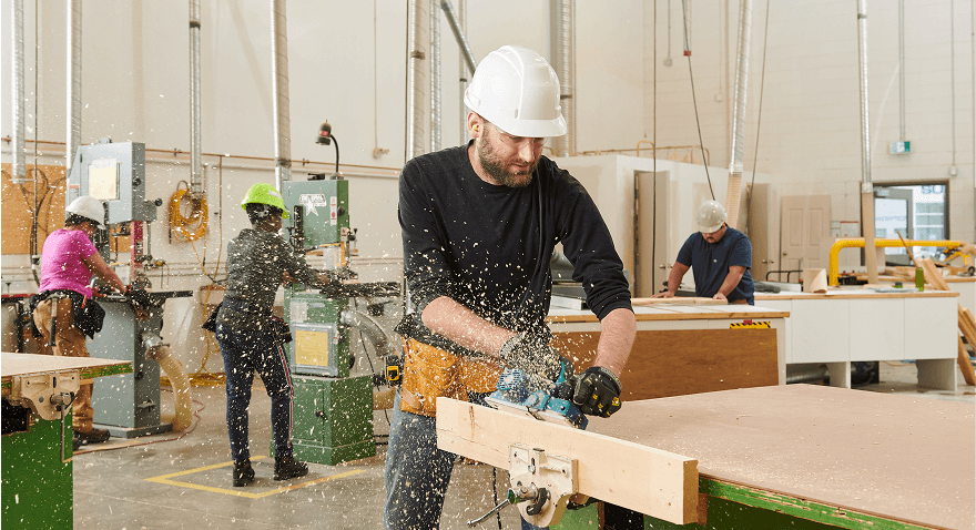 Students working in carpentry class