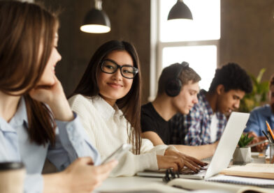 Students studying in library classroom, work on project